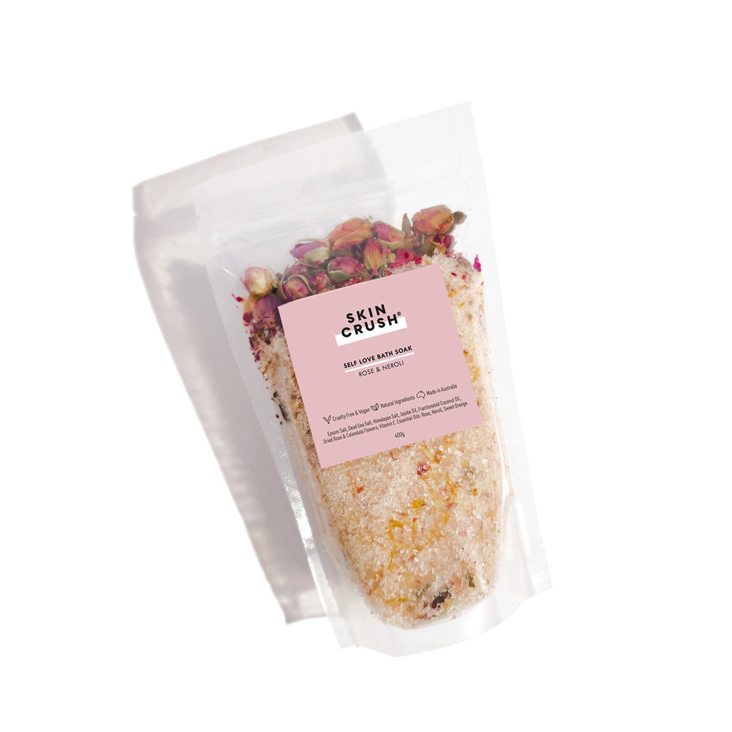 bath salts in clear pouch salt soak with roses and neroli scent